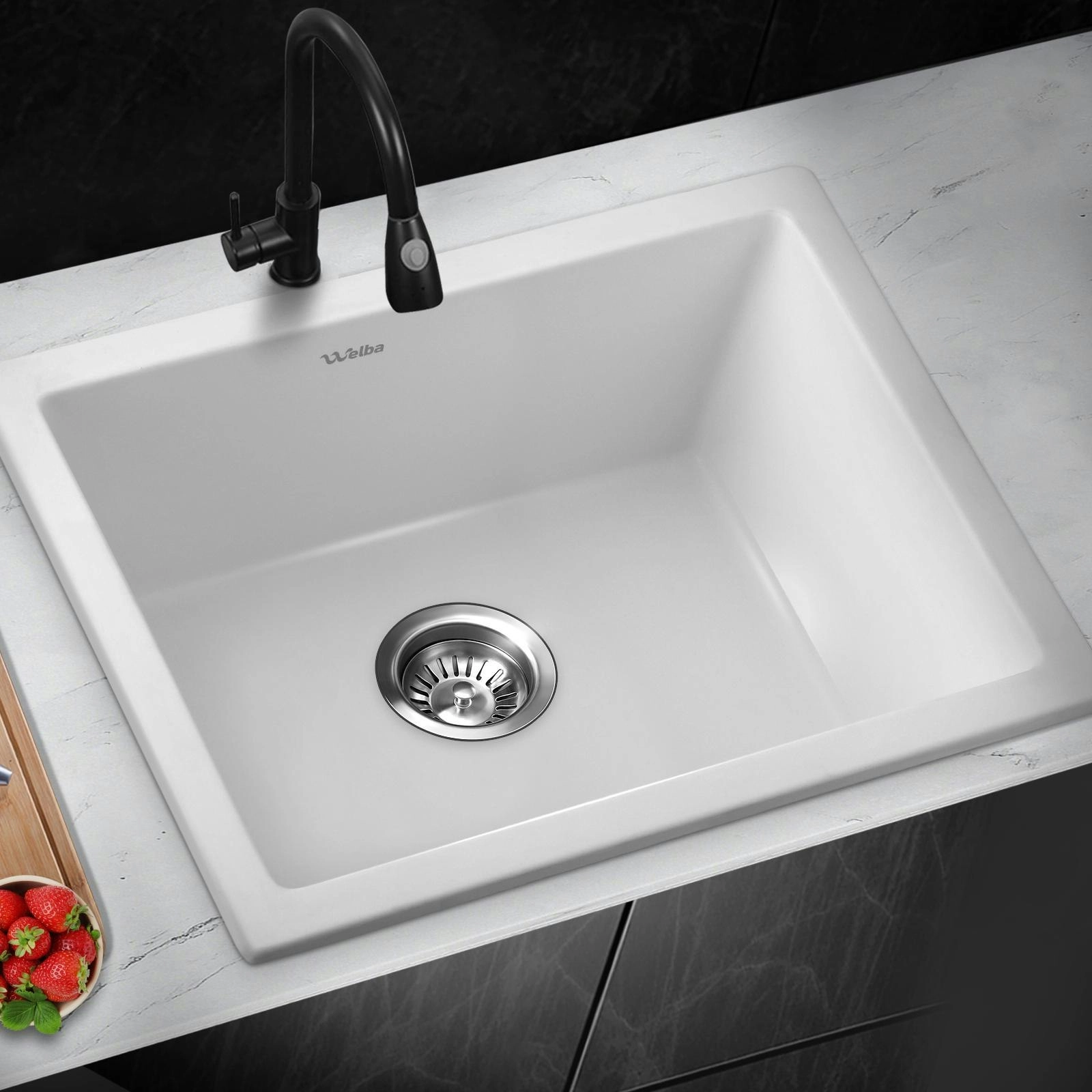 Welba Kitchen Sink 55x45cm Granite Stone Sink Laundry Basin Single Bowl White