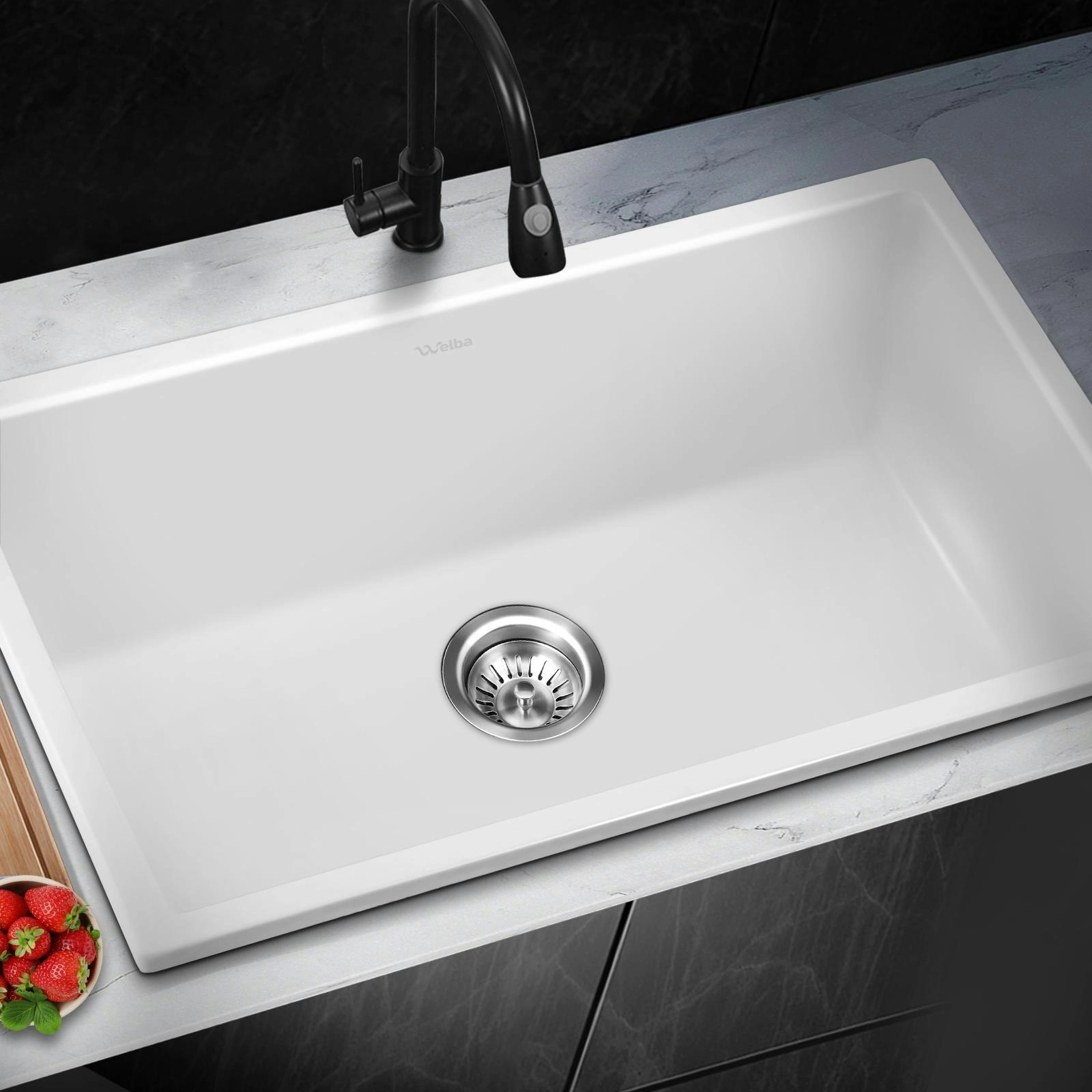 Welba Kitchen Sink 70x45cm Granite Stone Sink Laundry Basin Single Bowl White