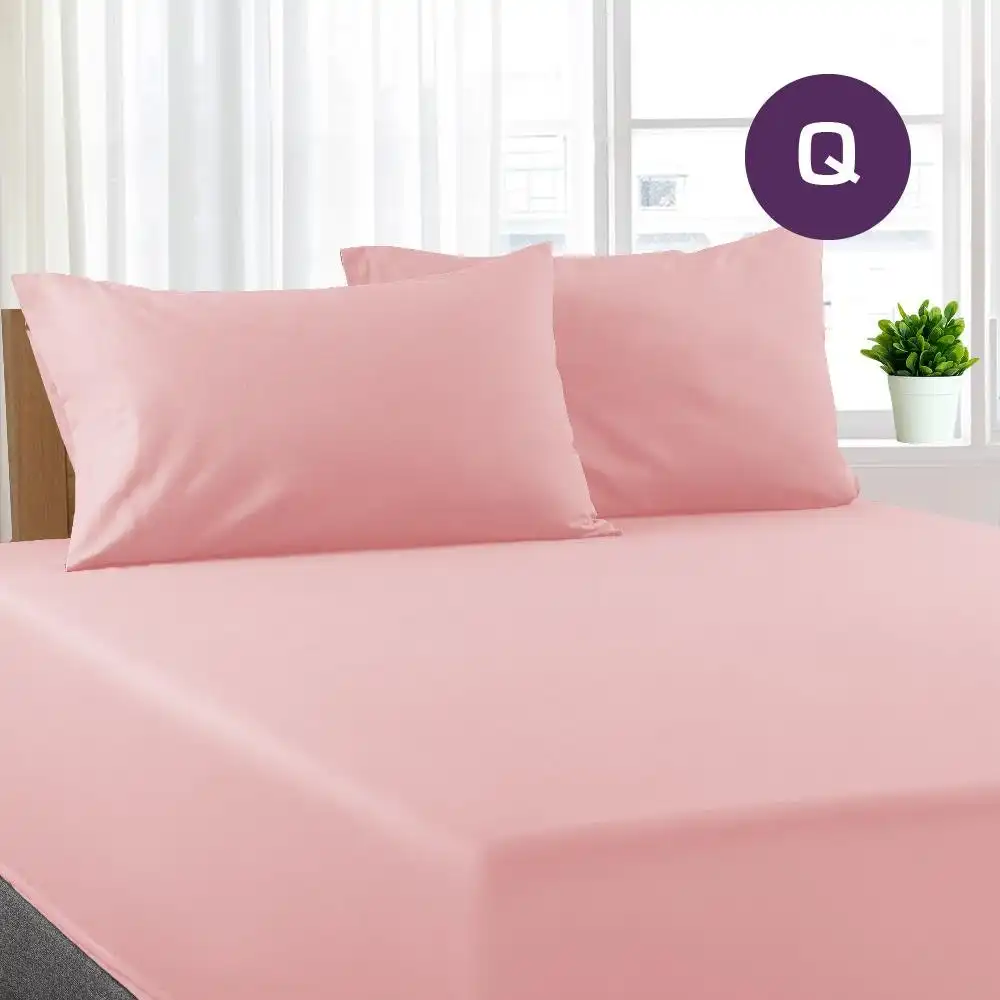 Queen Size Light Pink Color Poly Cotton Fitted Sheet + Pillowcase