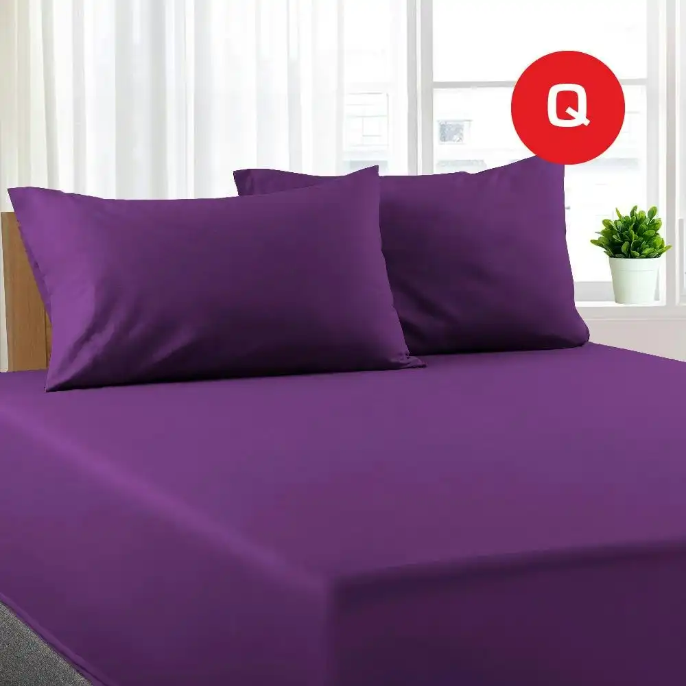 Queen Size Purple Color Poly Cotton Fitted Sheet + Pillowcase