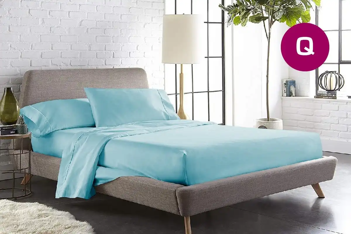 Queen Size Aqua Color 1000TC 100% Cotton Fittd Sheet Flat Sheet Pillowcase Set