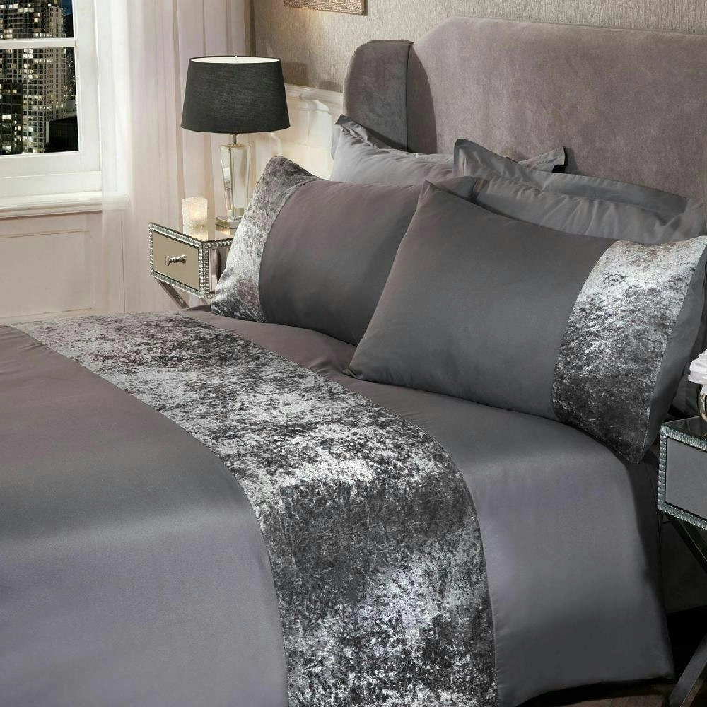 Silver Grey Stone Crushed Velvet Soft Quilt Doona Duvet Cover PIllowcase Set