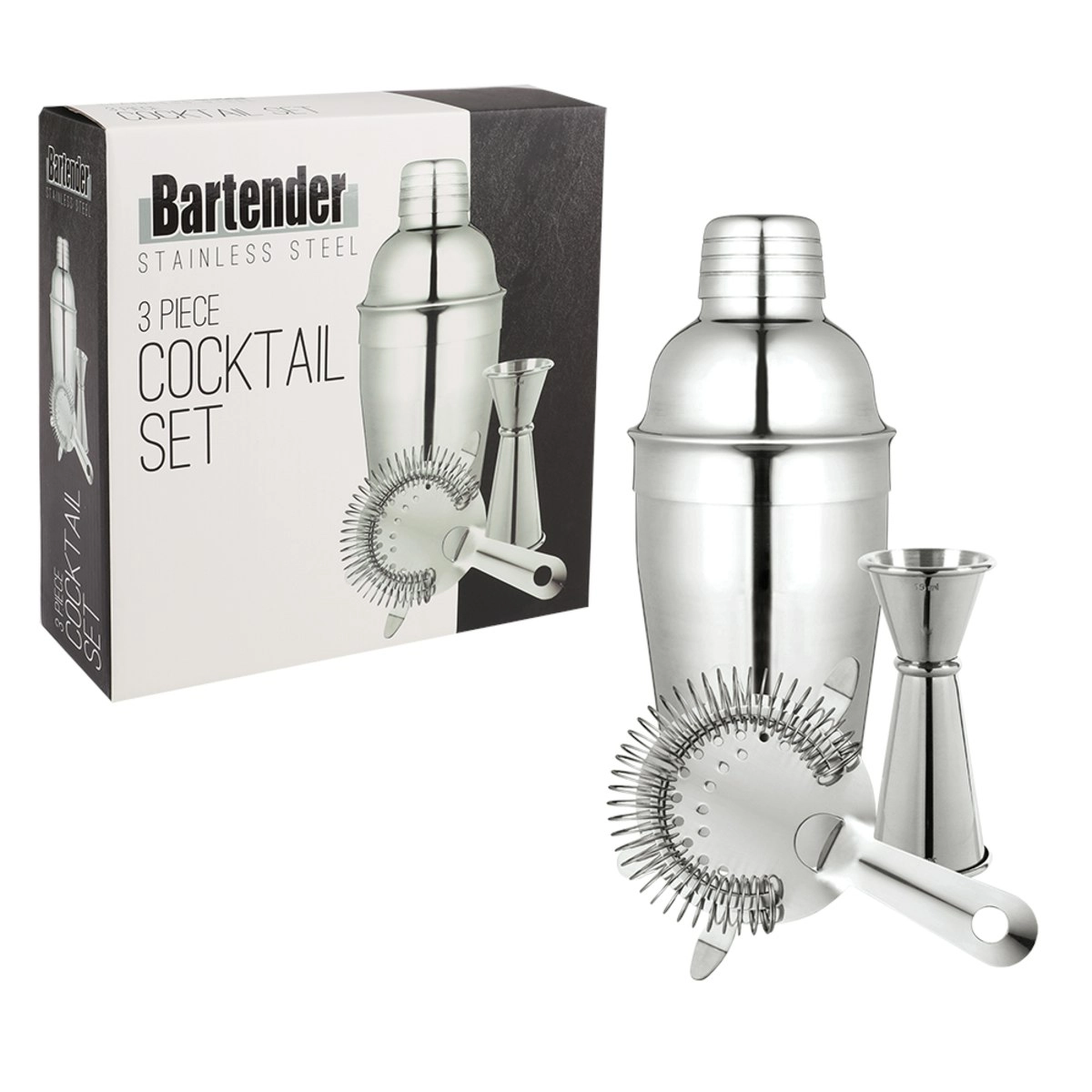 Bartender 3 PIECE STAINLESS STEEL COCKTAIL SET - 550ml