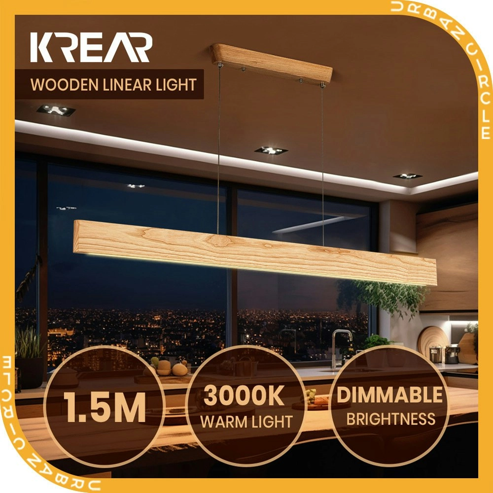 Krear 150CM Wooden Pendant Light Flat LED Strips Linear Lighting Ash Wood