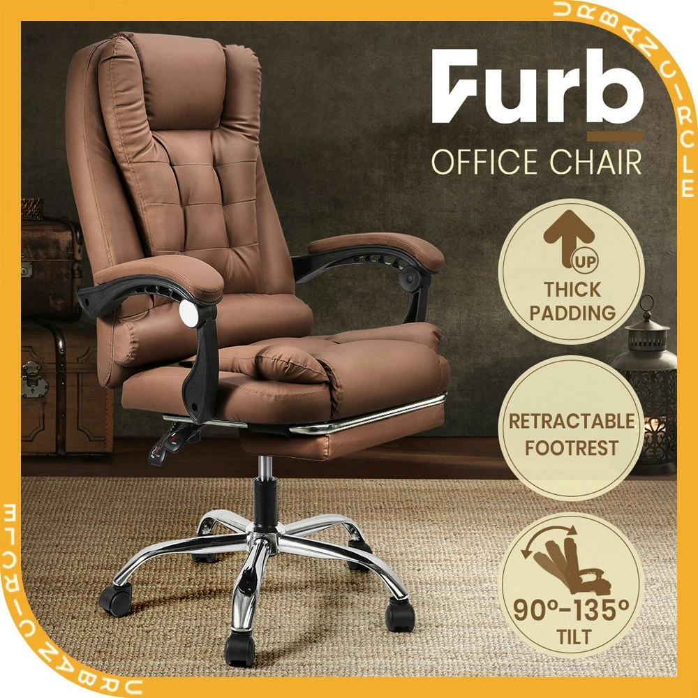 Furb Office Chair Executive PU leather Seat Ergonomic Support Caster Wheel Footrest Dark Brow