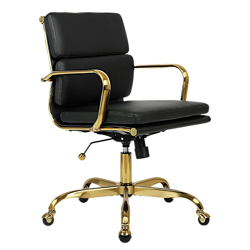 Furb Office Chair Executive Mid-Back Thick Padded PU Leather Work Study Blk Gd Eames Replica