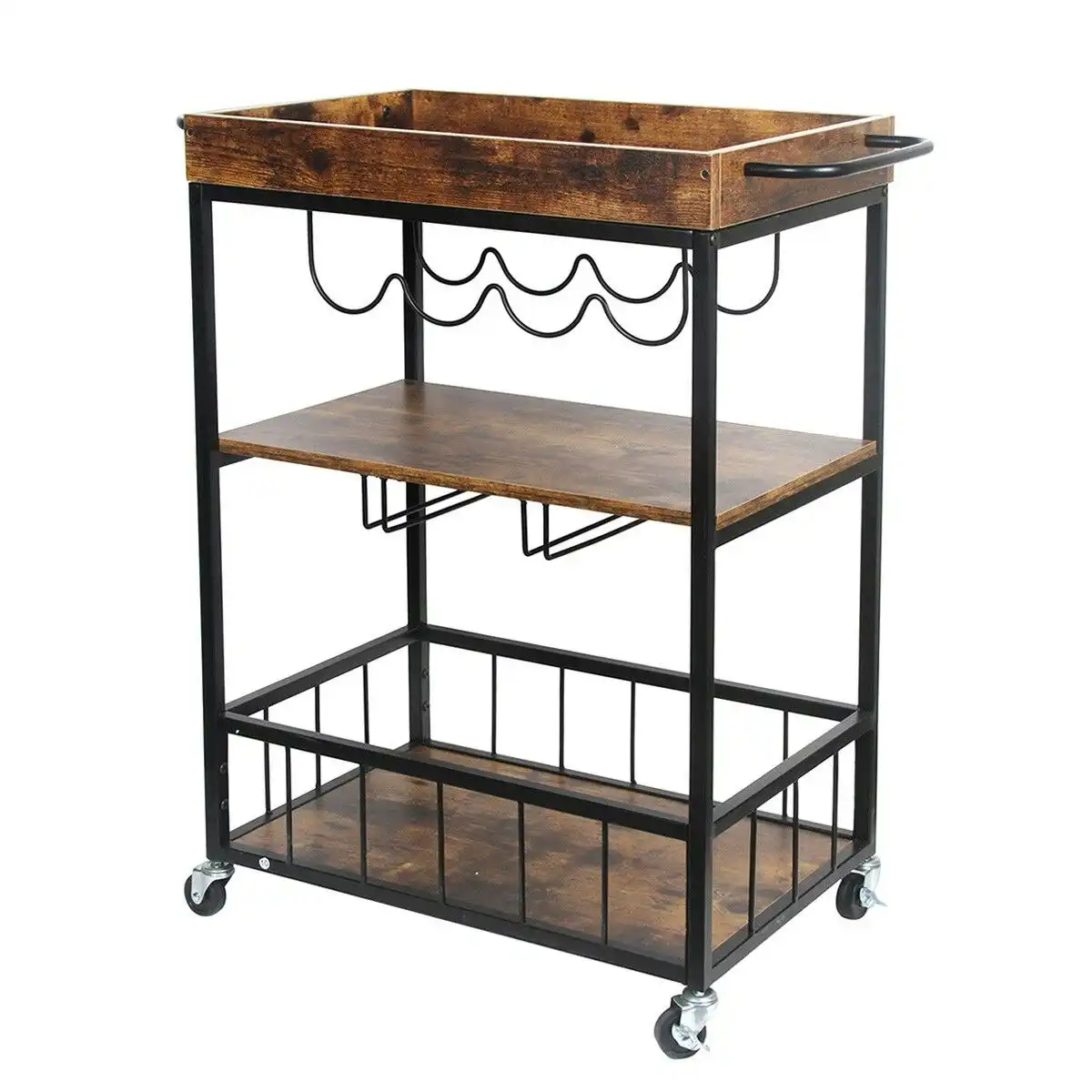 Ausway Rolling Bar Cart Mobile Drinks Coffee Tea Serving Trolley Wine Rack Glass Holder Removable Top Tray Brown