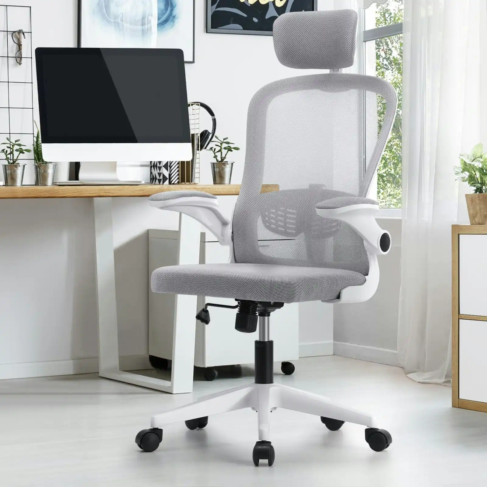 Oikiture Mesh Office Chair Executive Fabric Gaming Seat Racing Tilt Computer 1 White