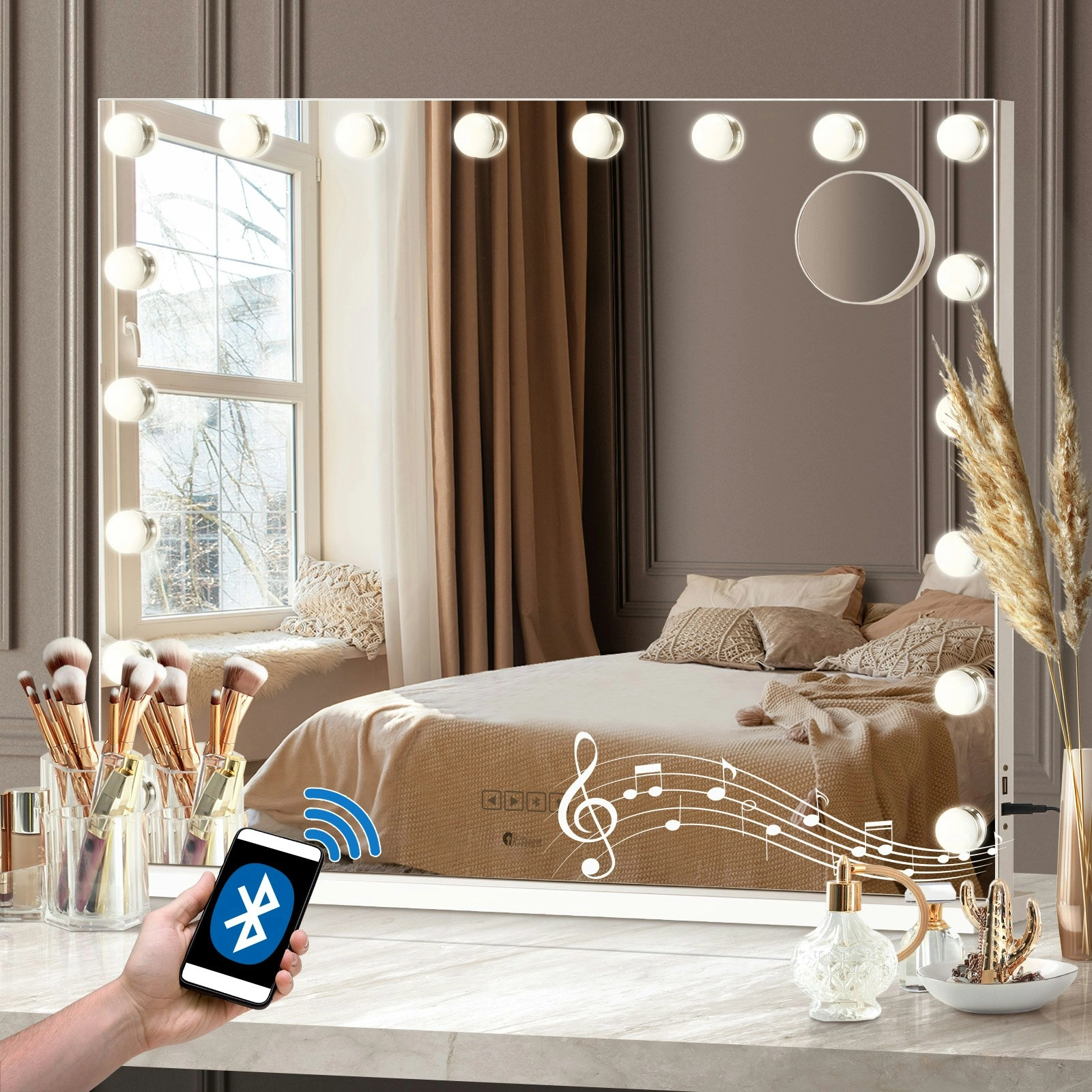 Oikiture 80x62cm Bluetooth Hollywood Makeup Mirrors 18 LED Light Vanity Mirror