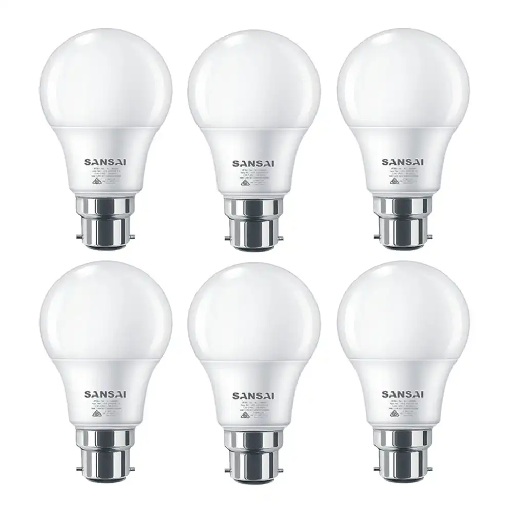 6x Sansai Home/Office LED 595lm Light Bulb A60 7W B22 Bayonet Cool White 6500K