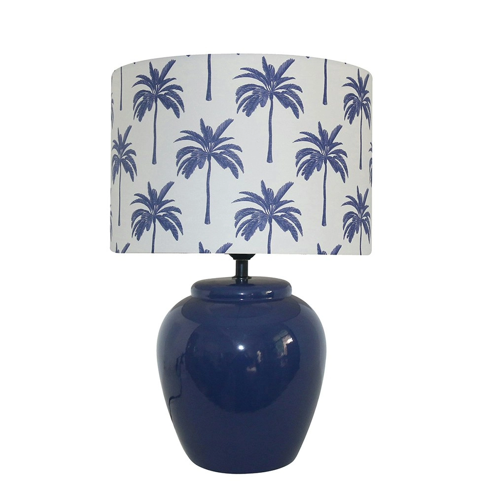 Maine & Crawford Herman 43cm Palm Print Ceramic Bedside Desk Table Lamp Blue