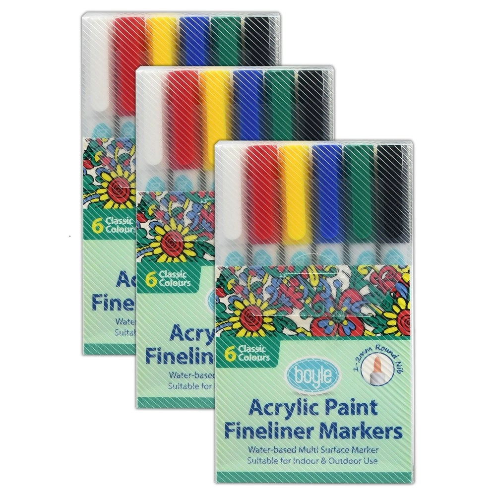 3x 6pc Boyle Acrylic Paint Fineliner Marker Stone/Ceramic/Glass Art Pens Classic