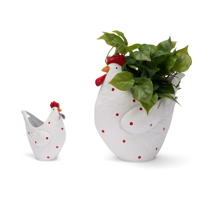 2pc Chicken Pot Planter 16/30cm Garden Ornament Home Decor Plant Container White