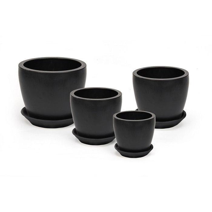 4pc Ceramic Tall Pot Planter w/ Saucer Plant Holder Garden Decor Matte Black