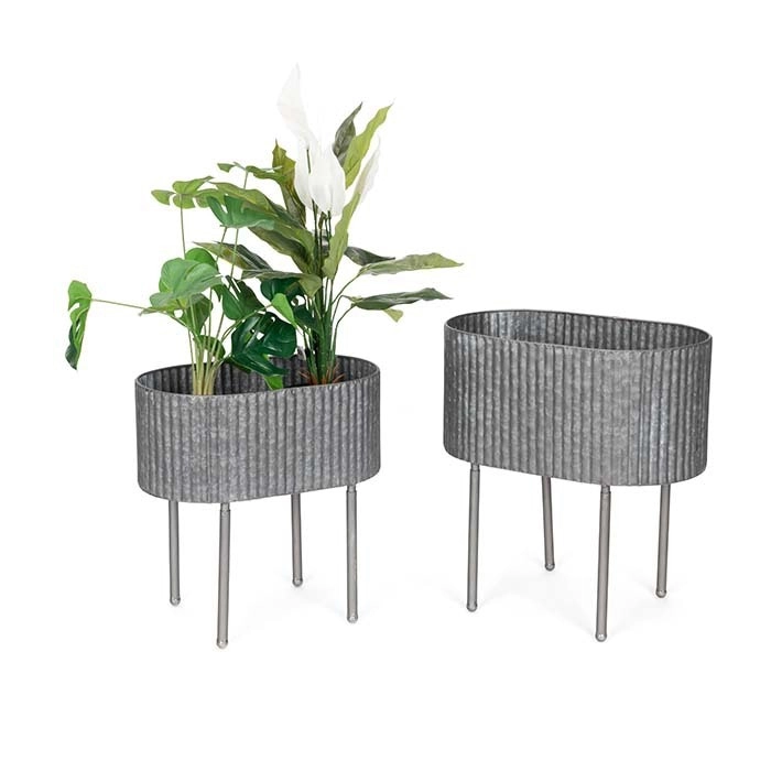 2pc Pot Oblong w/Legs Ribbed Outdoor Planter Yard/Patio Garden Decor Charcoal