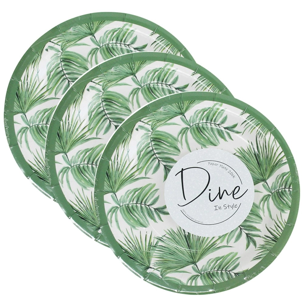 60pc Disposable 22cm Paper Plate Dinner Party Tableware Tropics Large Green