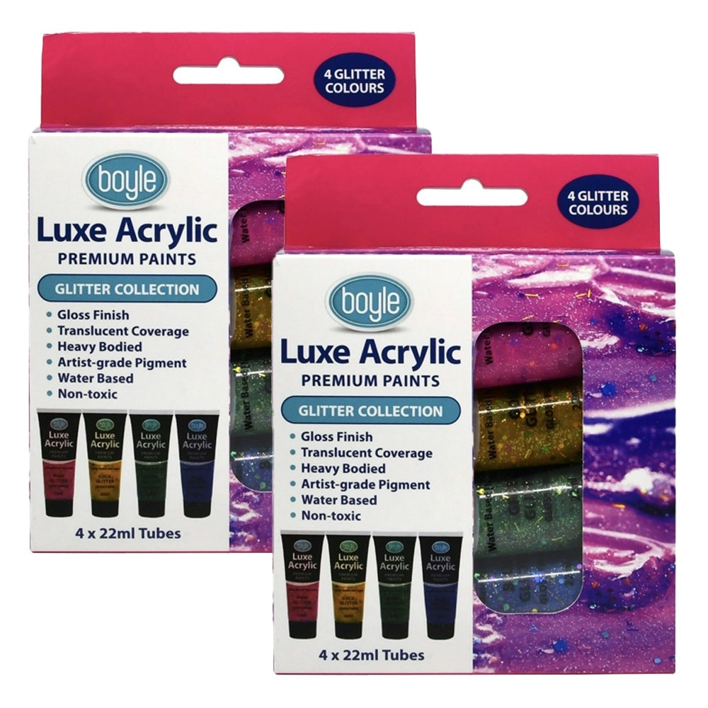 2x 4PK Luxe Acrylic Water-Based 22ml Premium Gloss Paint Tube Non-Toxic Glitter