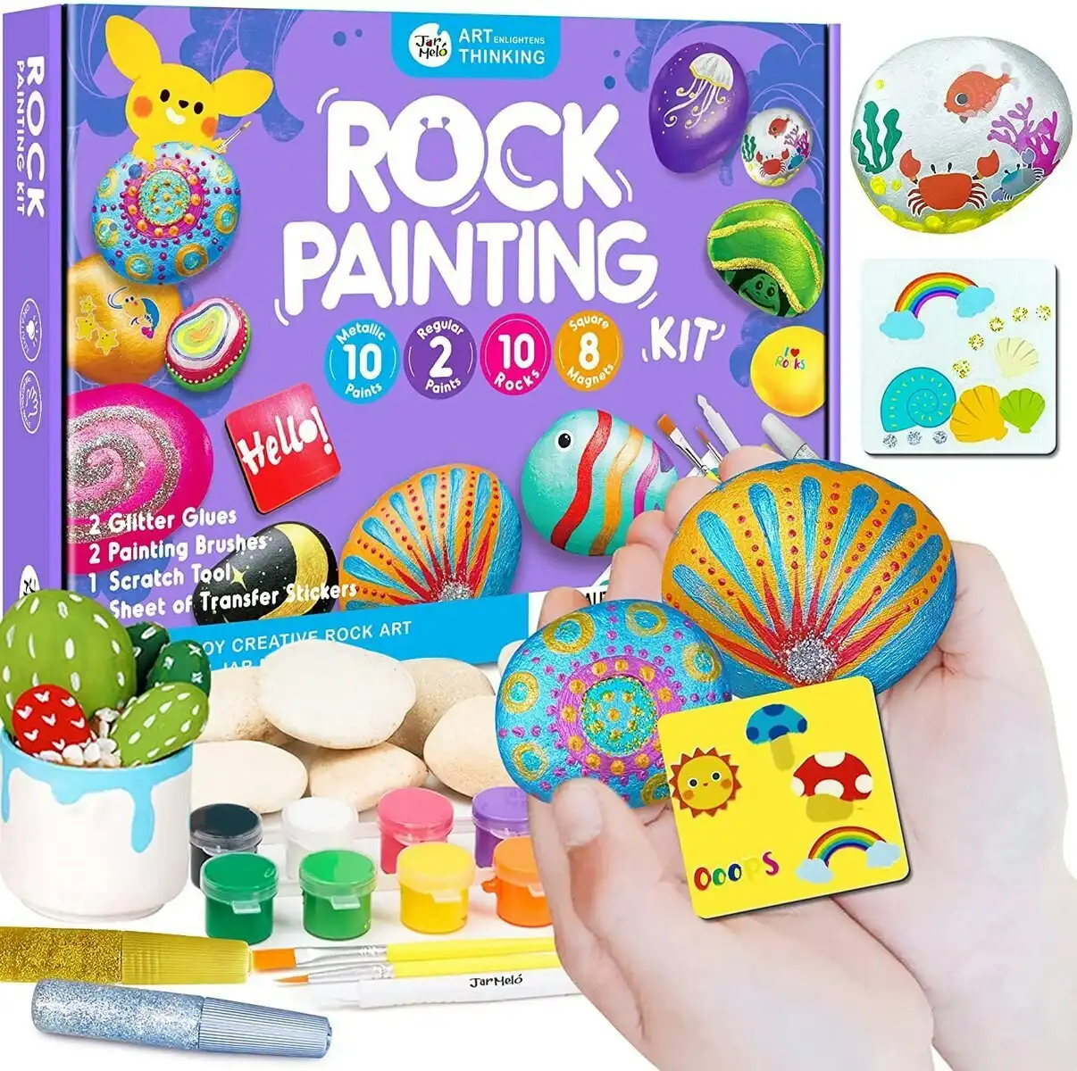 Jarmelo Rock Painting Kids Colouring Craft Kit Metallic Paints/Glitter Glue 3+