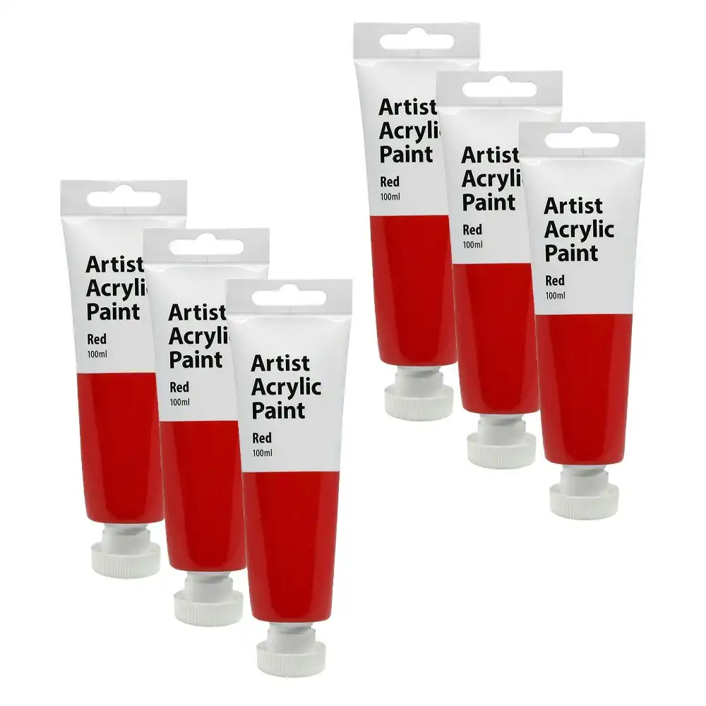 6x Artist 100ml Acrylic Paint Gloss Finish Water Based Painting Crafts Red 3+