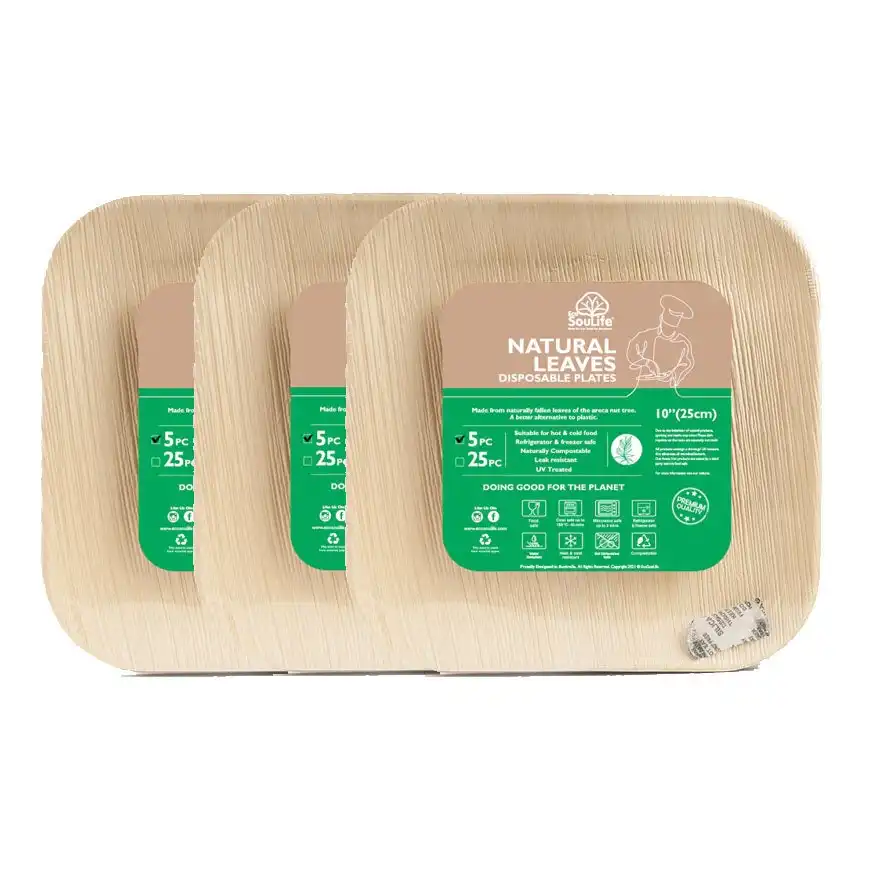 15pc Eco Soulife Disposable Compostable Areca Nut Leaf Large Square Plates 25cm