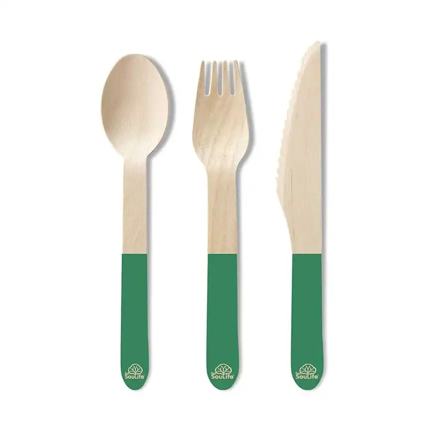 96pc Eco Soulife Disposable/Compostable Wooden Spoon/Fork/Knife Cutlery Set GRN