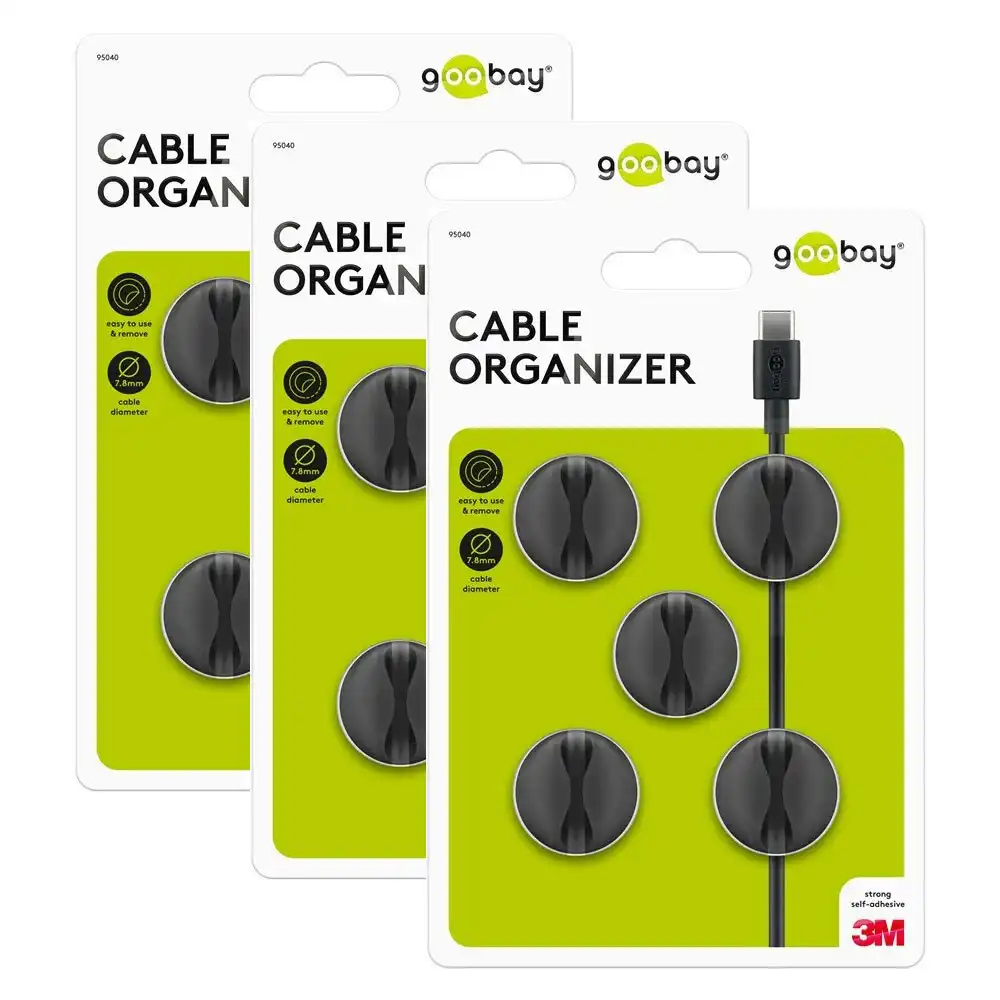 15x Goobay 1 Slot 1.88cm Adhesive Cable Organiser Round Cord/Wire Holder Black