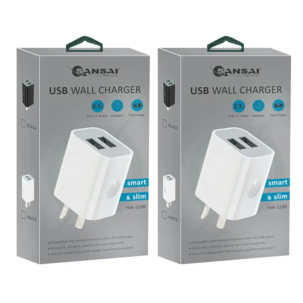 2PK Sansai Dual USB 2.1A Phone Wall Charger Power Point Adaptor Slim Assorted