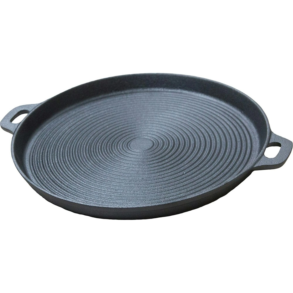 Wildtrak 34cm Round Ribbed BBQ Cast Iron Plate Outdoor Camping Cookware Black