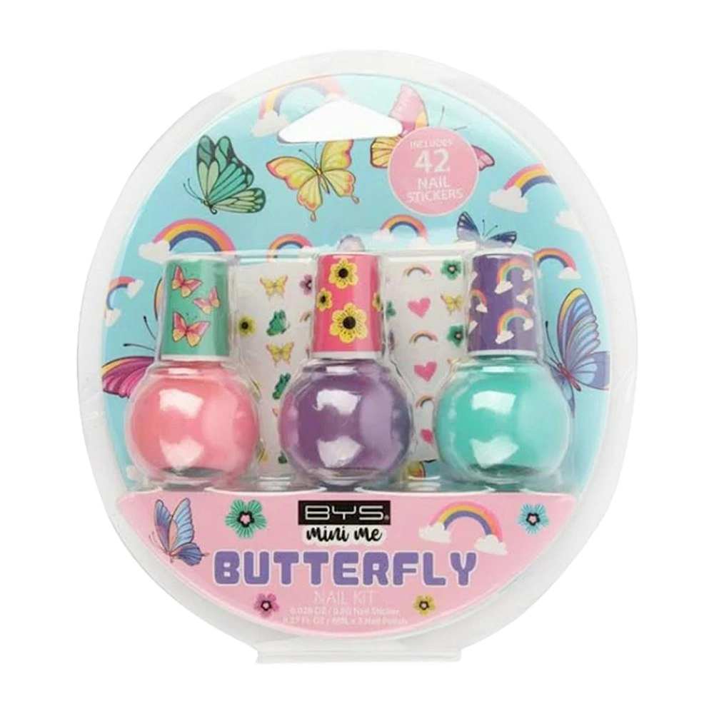 3pc BYS Mini Me Kids Nail Polish Colour Enamel & Sticker Kit/Set Butterfly 3y+