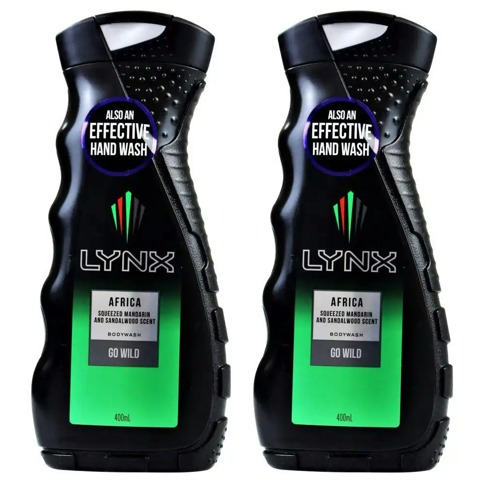 2x Lynx 400ml Body Wash Men Shower Gel Africa Squeezed Mandarin/Sandalwood Scent