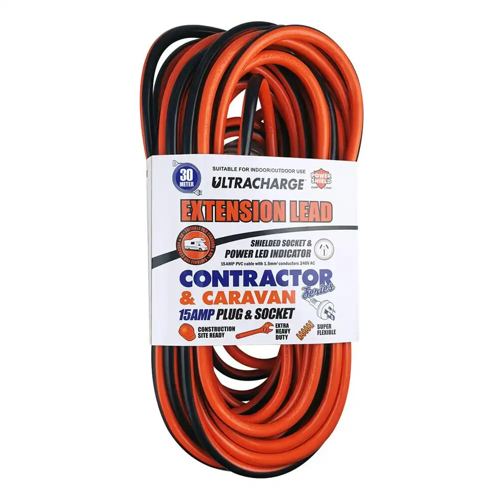 UltraCharge Contractor/Caravan Extension Lead 30m Cable Cord w/ 15A Plug/Socket