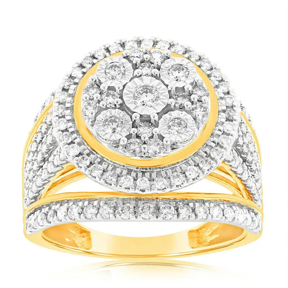 9ct Yellow Gold 1 Carat Diamond Round Cushion Shape Cluster Dress Ring