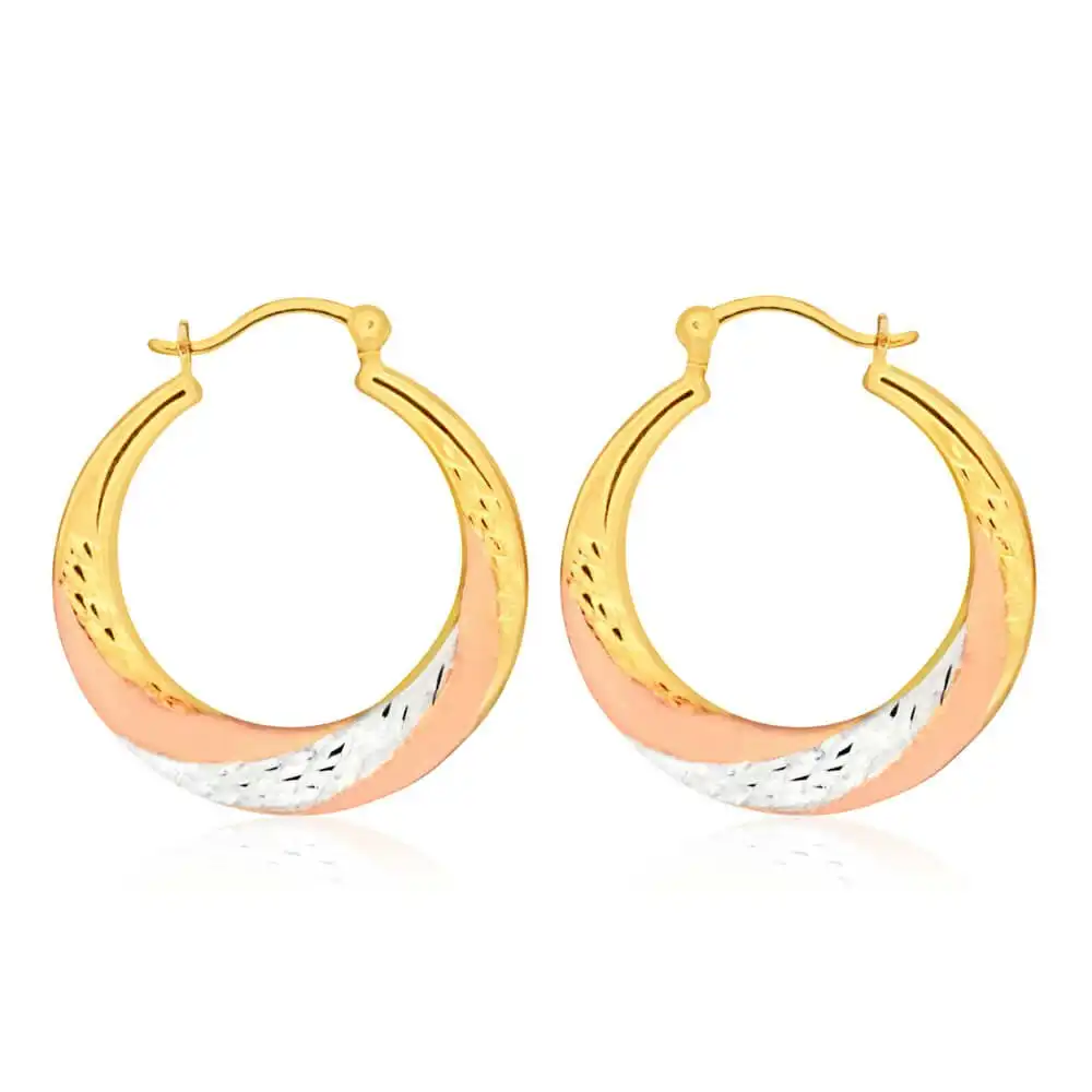 9ct Yellow Gold Silver Filled Three Tone Swirl Hoop Earrings