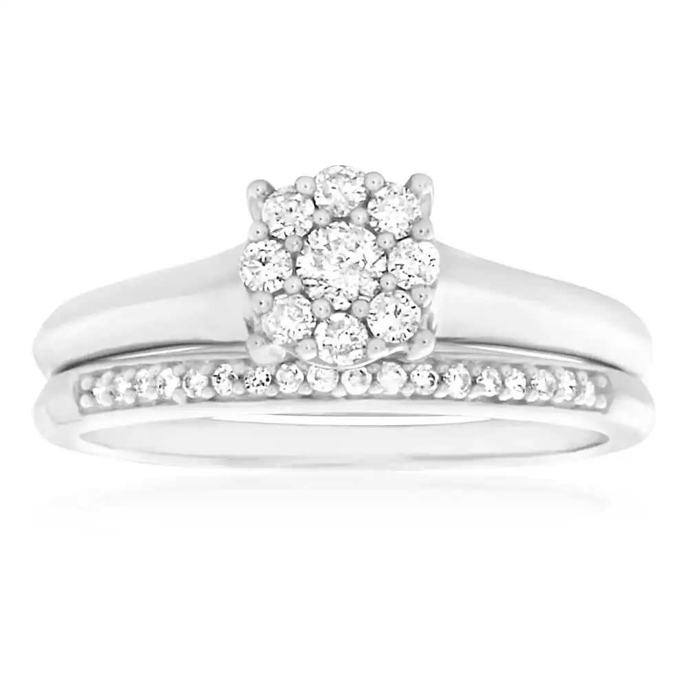 9ct White Gold 2 Ring Bridal Set With 0.3 Carats Of Brilliant Cut Diamonds