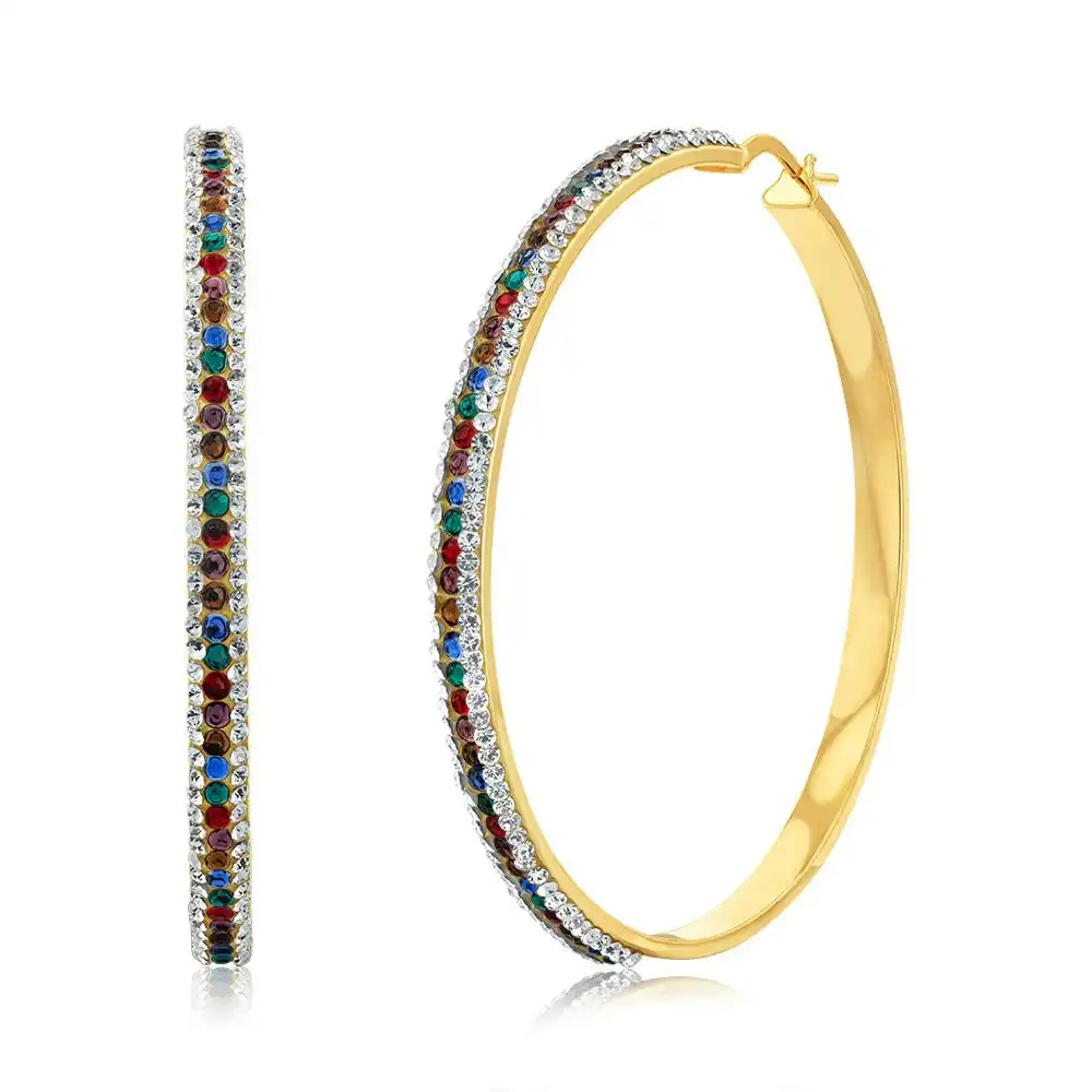 9ct Yellow Gold Silverfilled Multicolour And White Crystal 50mm Broad Hoop Earrings