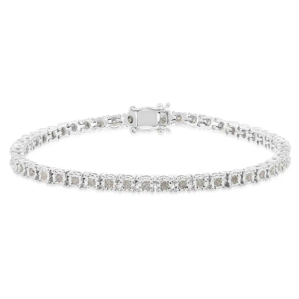 Sterling Silver 1 Carat Diamond Tennis Bracelet  with Round Brilliant Cut Diamonds