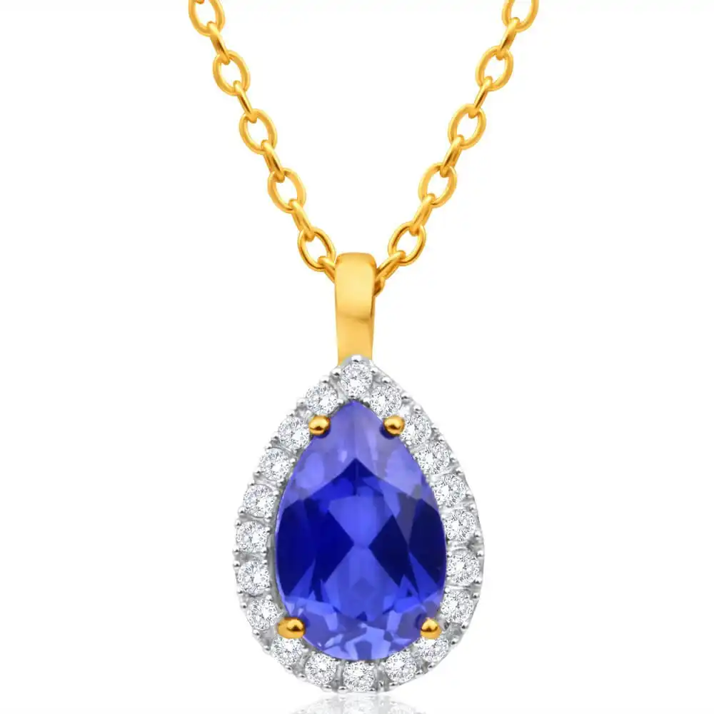 9ct Yellow Gold Created Sapphire + Cubic Zirconia Pendant