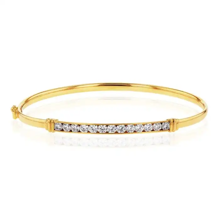 9ct Yellow Gold Zirconia Channel Set Bar Hinged Bangle