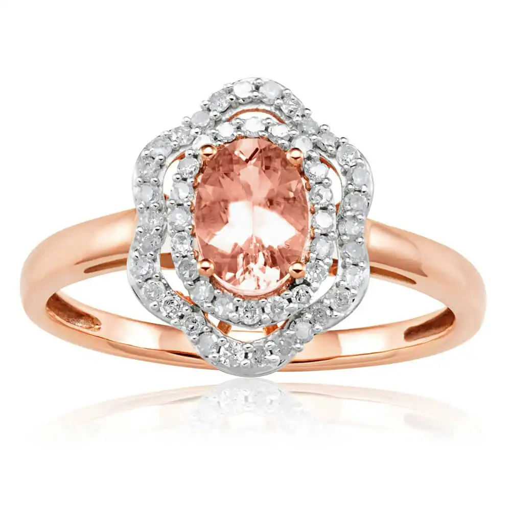 9ct Rose Gold Morganite 7x5mm 0.65 Carats and Diamonds 0.25 Carats Floral Halo Ring