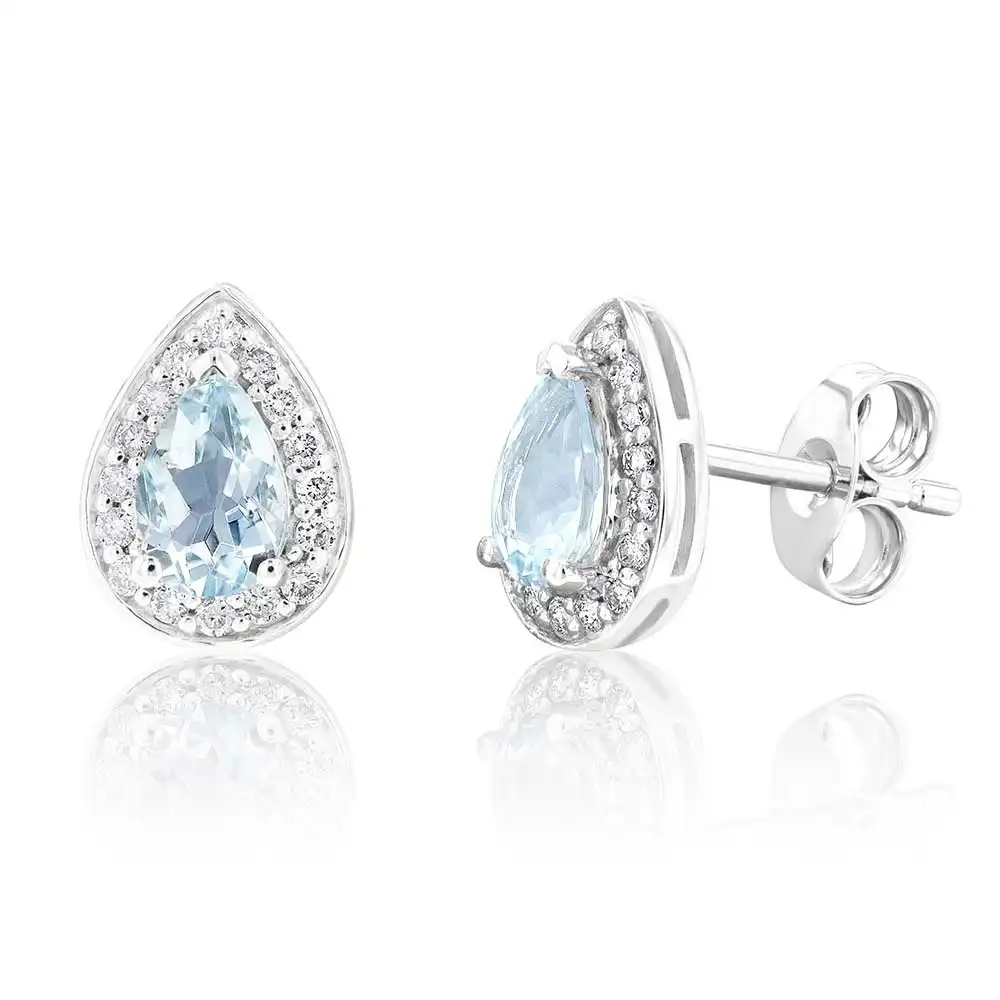 9ct White Gold 6x4mm Aquamarine and Diamond Pear Halo Stud Earrings