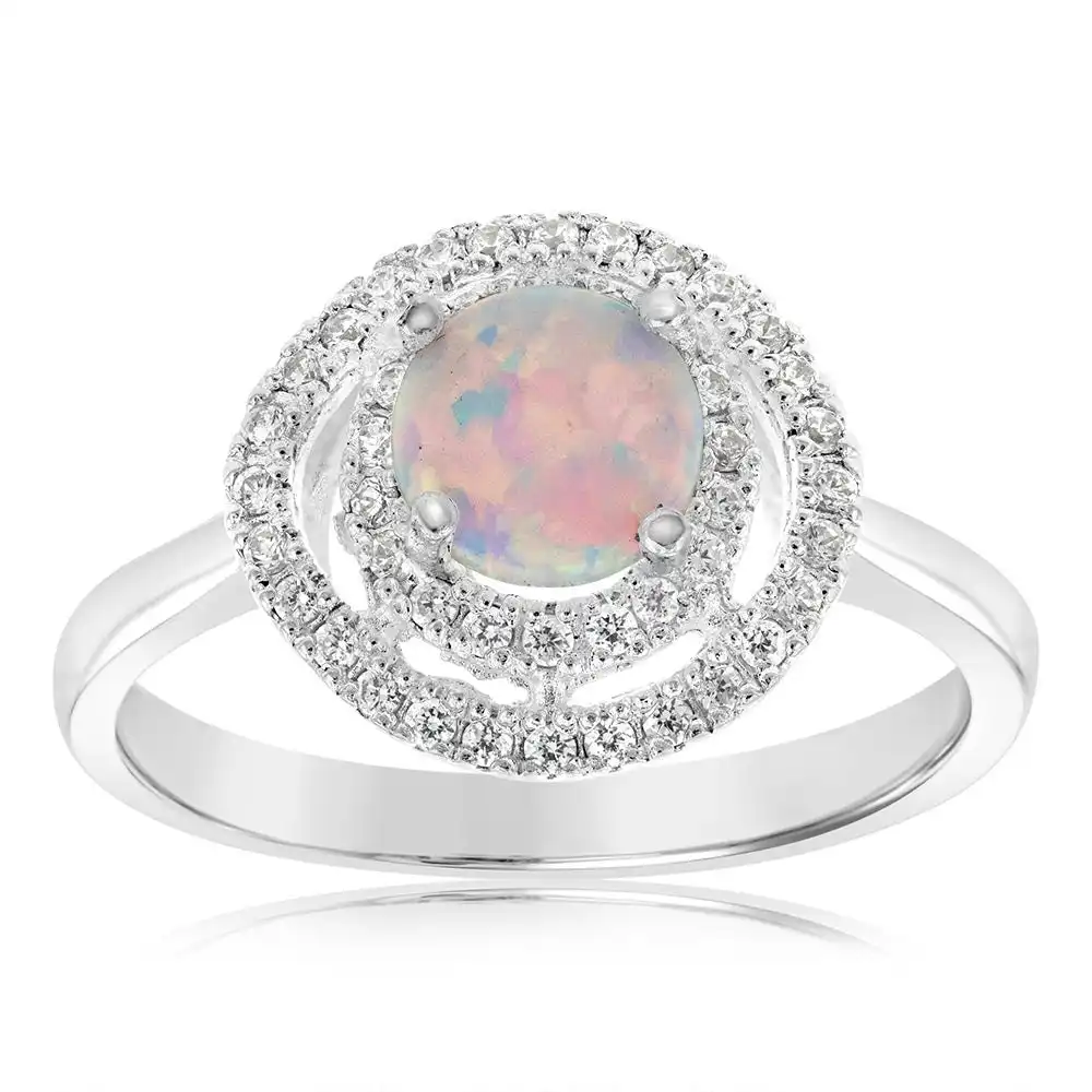 Sterling Silver Cubic Zirconia Created Opal Round Ring