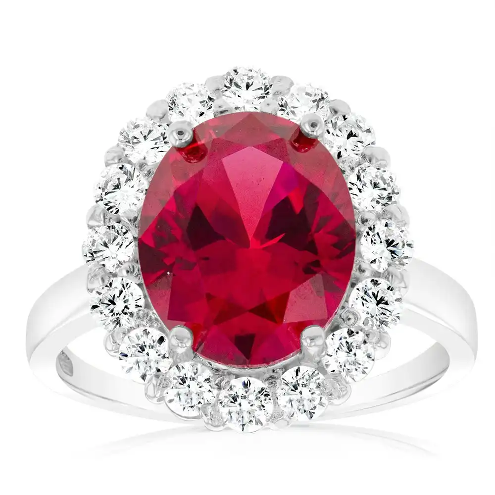 Sterling Silver Red And White Zirconia Halo Ring