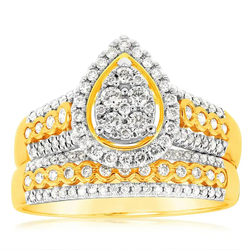 9ct Yellow Gold 3/4 Carat 2 Ring Bridal Set with 124 Brilliant Cut Diamonds