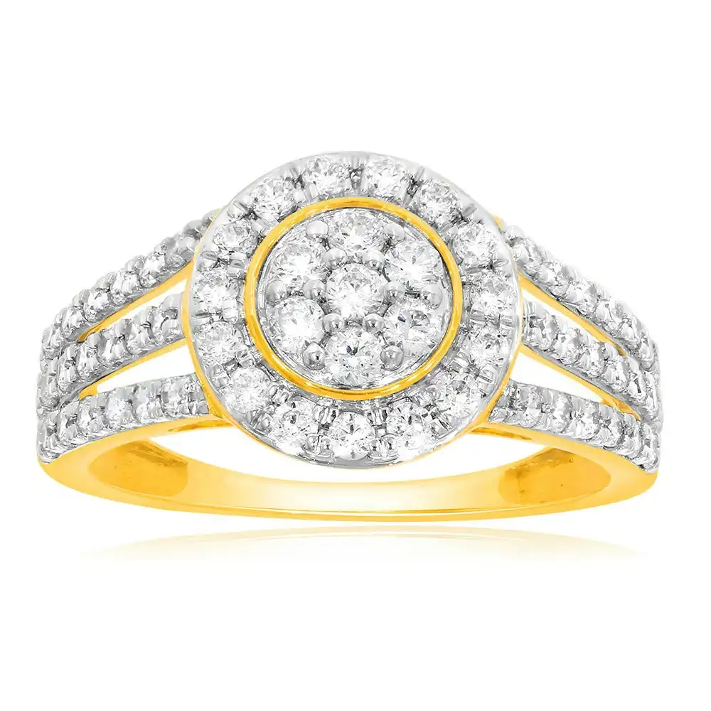 9ct Yellow Gold 1 Carat Diamond Round Shape Cluster Ring