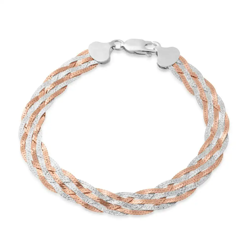 Sterling Silver and Rose Plated 19cm Multi Strand Plait Bracelet