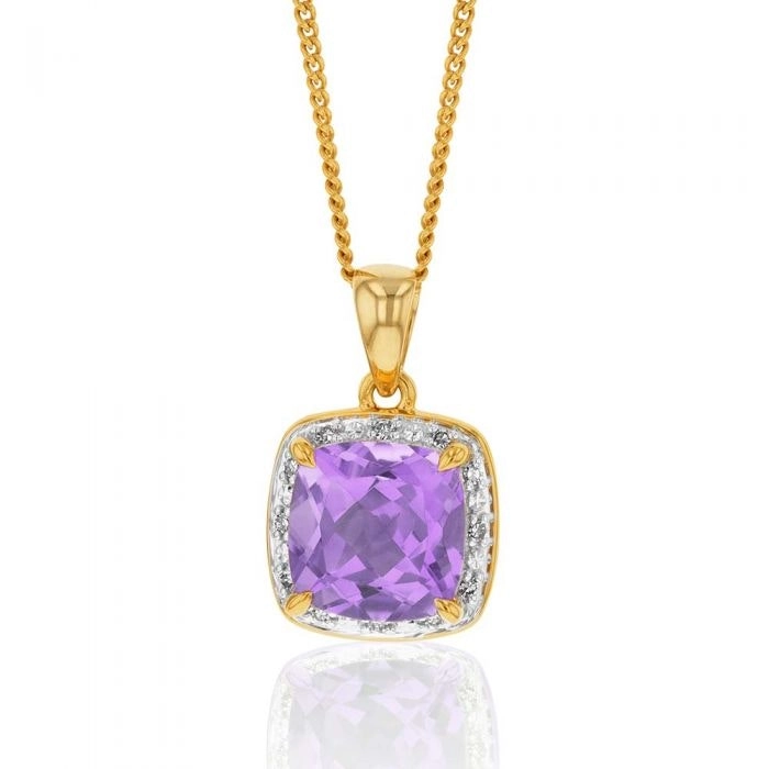 9ct Yellow Gold 5mm Amethyst and Diamond Pendant