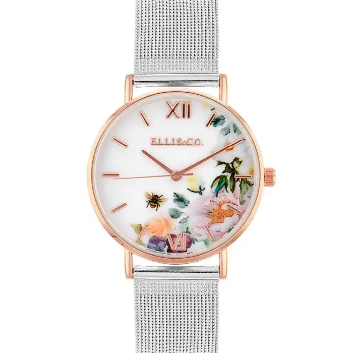 Ellis & Co 'Iris' Floral Stainless Steel Mesh With Rose Gold Tone Case Womens Watch