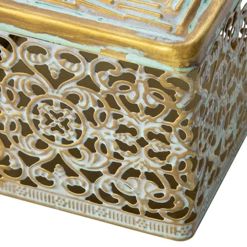 Willow & Silk Golden Metal 11cm Ornate Square Trinket Box w/ Photo Lid