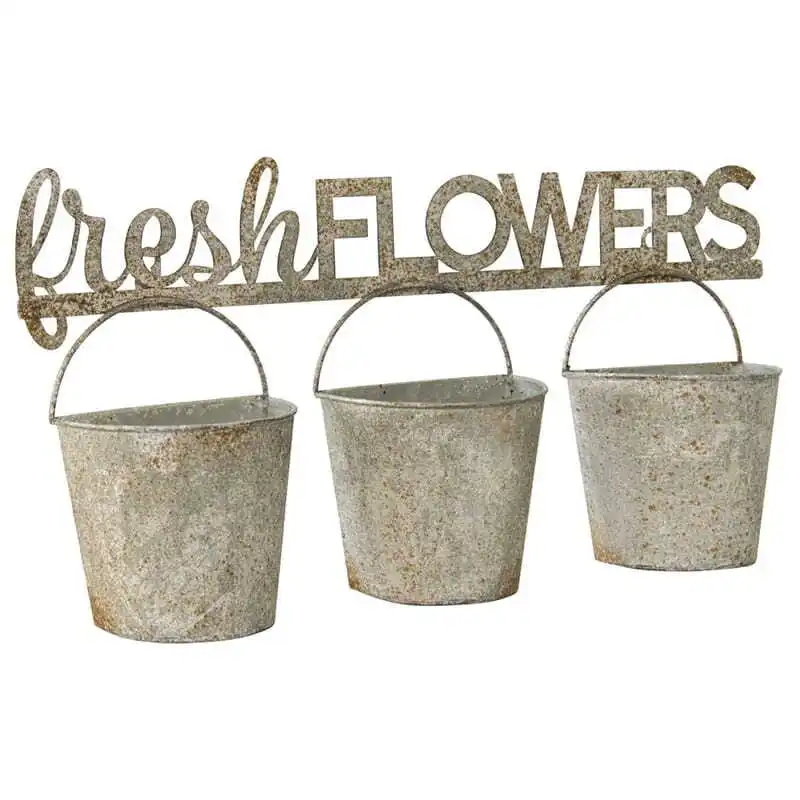 Willow & Silk Metal Pots 51cm 'Fresh Flowers' 3 Buckets Taupe Wall Planters