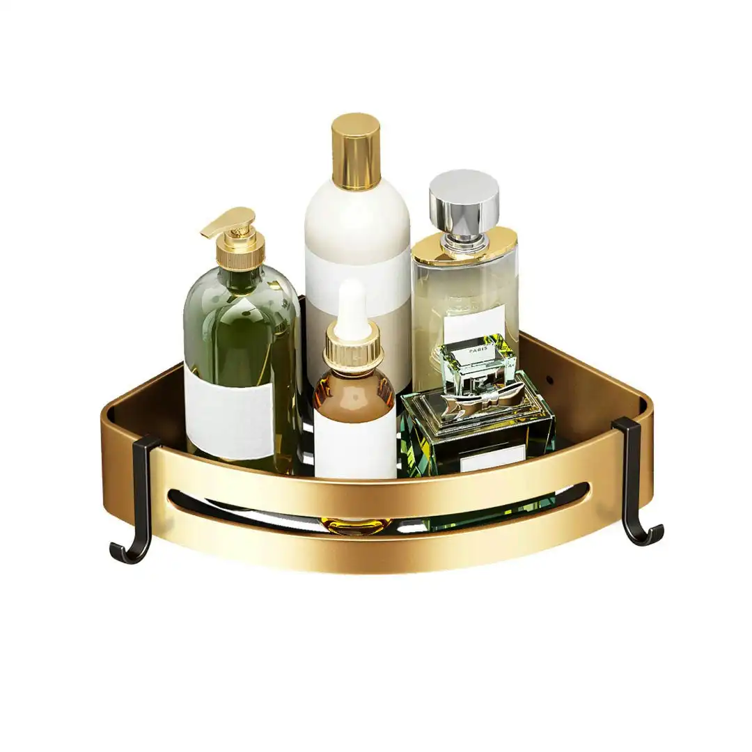 Soga Gold Wall-Mounted Triangular Bathroom Storage Corner Vanity Organiser Space Saving Adhesive Shelf Rack with Hooks